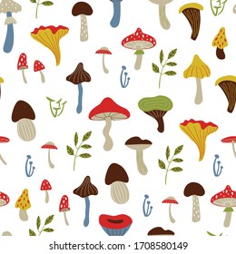 Cute vector pattern with mushrooms on white background. 
