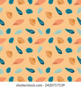 Cute vector pattern in nautical style. Background with cartoon seashells.