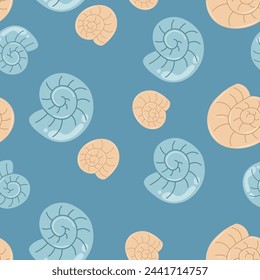 Cute vector pattern in nautical style. Background with cartoon seashells.