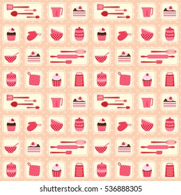 Cute vector pattern on baking theme in pink and red colors