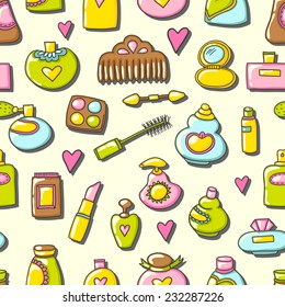 Cute vector pattern with perfume bottles. Vector beauty background.