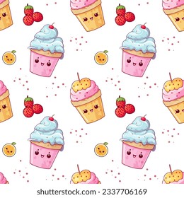 Cute vector pattern with pink and blue ice cream and berries on white background