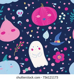 Cute vector pattern with pumpkins and ghost for Halloween