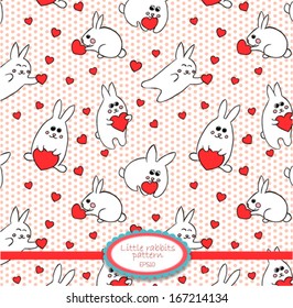 Cute vector pattern with rabbits and hearts. Endless background.