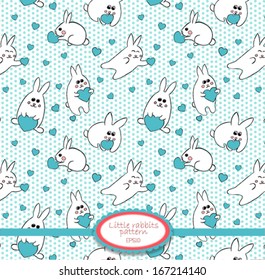 Cute vector pattern with rabbits and hearts. Endless background.