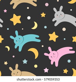 Cute vector pattern with rabbits, stars and moon for babies and kids. Seamless background made of illustrations. Good night decorative picture.