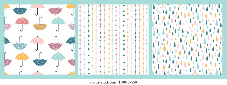 Cute vector pattern set with umbrellas, clouds and rain drops. Bright and Colorful background.