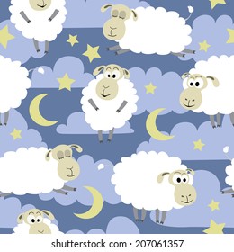 cute vector pattern with sheep, clouds, stars and moons