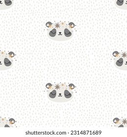 Cute vector pattern. Sleeping panda, sleeping bear cub. Dots and dashes in the background. Pattern for printing on children's products 