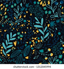 Cute vector pattern of small flowers and herbs in a simple hand-drawn style. Dark background. Elegant template for trendy prints.