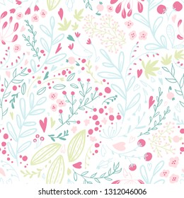 Cute vector pattern of small flowers and herbs in a simple hand-drawn style. White background. White background. Elegant template for trendy prints.