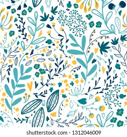 Cute vector pattern of small flowers and herbs in a simple hand-drawn style. White background. White background. Elegant template for trendy prints.