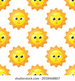 Cute vector pattern of sun characters. Funny happy suns for kids fashion, baby showers and birthdays. Bright and beautiful cartoon seamless pattern.