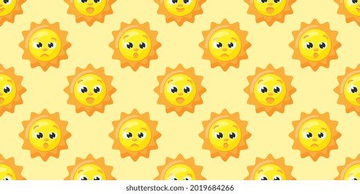 Cute vector pattern of sun characters. Funny happy suns for kids fashion, baby showers and birthdays. Bright and beautiful cartoon seamless pattern.