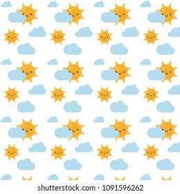 Cute vector pattern of Sun and cloud.Beautiful cartoon seamless pattern.Vector illustration.