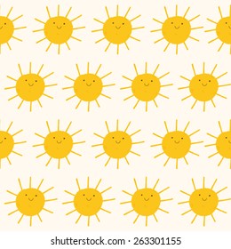 Cute vector pattern of SUN icons. Funny happy smiley suns. Bright and beautiful cartoon seamless pattern.