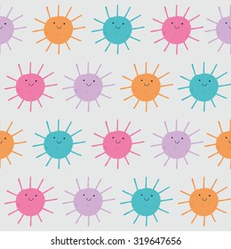 Cute vector pattern of SUN icons. Funny happy smiley suns. Bright and beautiful cartoon seamless pattern.