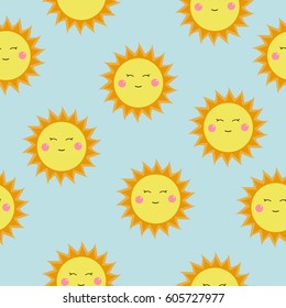 Cute vector pattern of SUN icons. Funny happy smiley suns. Bright and beautiful cartoon seamless pattern