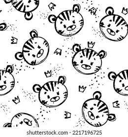 Cute vector pattern with tiger and crown. Pattern in grunge style. seamless background for nursery decor, fabrics, children's textiles, wrapping paper.