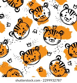 Cute vector pattern with tiger and crown. Pattern in grunge style. seamless background for nursery decor, fabrics, children's textiles, wrapping paper.