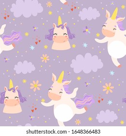 Cute vector pattern with unicorn horses, pastel colors. seamless background for kids