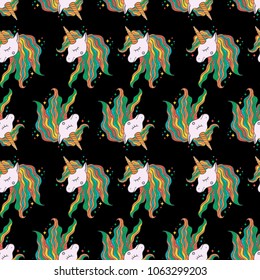 Cute vector pattern with unicorns for print, cover, covers and other.Black background.Hand draw illustration.
