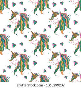 Cute vector pattern with unicorns for print, cover, covers and other.White background.Hand draw illustration.