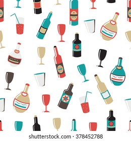 Cute vector pattern with various bottles and glasses on white isolated background. Vintage colors. Cartoon style. Good choice  for greeting card, menu, flyers, posters and advertising.