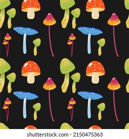Cute vector pattern with various poisonous mushrooms on black, seamless pattern. Flat design, hand drawn cartoon, vector.