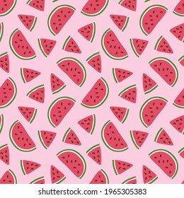 Cute vector pattern with watermelon slices on a pink background. Colorful seamless illustration with stylized image of watermelon parts. For printing on fabric, clothing, gift packaging, postcards.