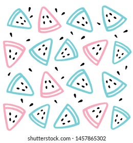 Cute vector pattern with watermelons and seeds in blue and pink palette. EPS 10