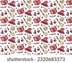 cute vector pattern of whitch stuff in halloween holiday color palette including hats, broom, skull, crystal, potion, feather, and book for background or textile
