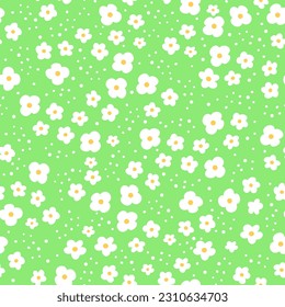 Cute vector pattern. White daisies on a green background. Cheerful children's background 