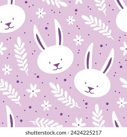 Cute vector pattern with white rabbits and floral elements for Easter holiday