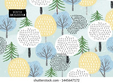 Cute Vector Pattern Of Winter Trees, Spruce And Snow. Background For The Holidays Of The New Year And Christmas. Drawn By Hand Forest
