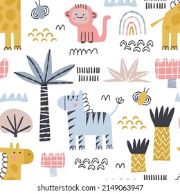 Cute vector pattern with zebras, monkeys, giraffes and palm trees.