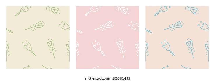 Cute vector patterns with two abstract flowers in Scandinavian style. A pleasant pastel background for textiles, fabrics, clothes, decor, kitchen, interior, children, holiday cards and wrappers