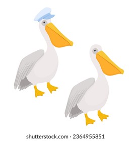 Pelícano vector lindo con personaje de sombrero capitán aislado en fondo blanco. Ilustración infantil náutica dibujada por mano