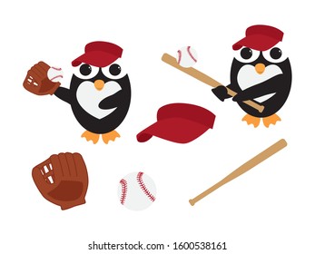 Cute Vector Penguin with Baseball Bat, Glove and hat on White Background