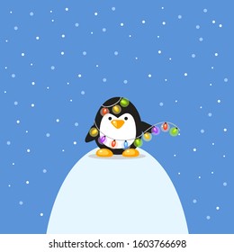 Cute vector penguin with a garland with warm multicolored lights in front of the night blue sky and snow.. Cartoon funny animal. Christmas card. 