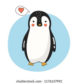 Cute vector penguin with heart on blue background. Character design. Great for Christmas cards, greeting cards, nursery decor or Valentines Day decor.