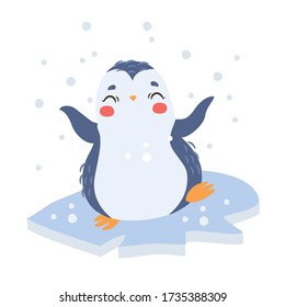 Cute vector penguin on an ice floe. Animal baby. Antarctica. Winter season. Funny bird