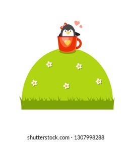Cute vector penguin with a ribbon sitting in a red cup with yellow heart in the bottom of a green meadow. Cartoon funny animal on grass. Saint Valentine's card. Funny love illustration