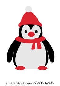 cute vector penguin with scarf and hat. flat illustration. winter. New Year. Christmas