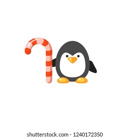 Cute vector penguin with a sweet cane. Cartoon funny animal. Christmas card