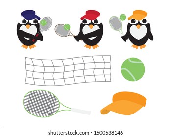 Cute Vector Penguin with Tennis Racket, Ball and Net on White Background