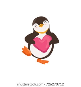 Cute vector Penguin Toon Is Holding A Pink Heart And Dancing