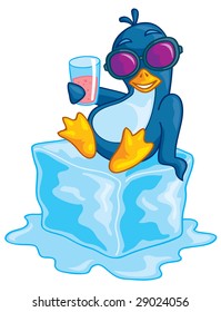 Cute vector penguin wearing sunglasses relaxing on a block of ice enjoying a beverage. Drawn in a humorous cartoon style.