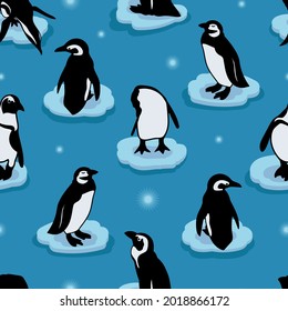 Cute vector penguins on ice floe set. Seamless pattern. 