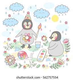 Cute vector penguins painting outside with snail and flowers.